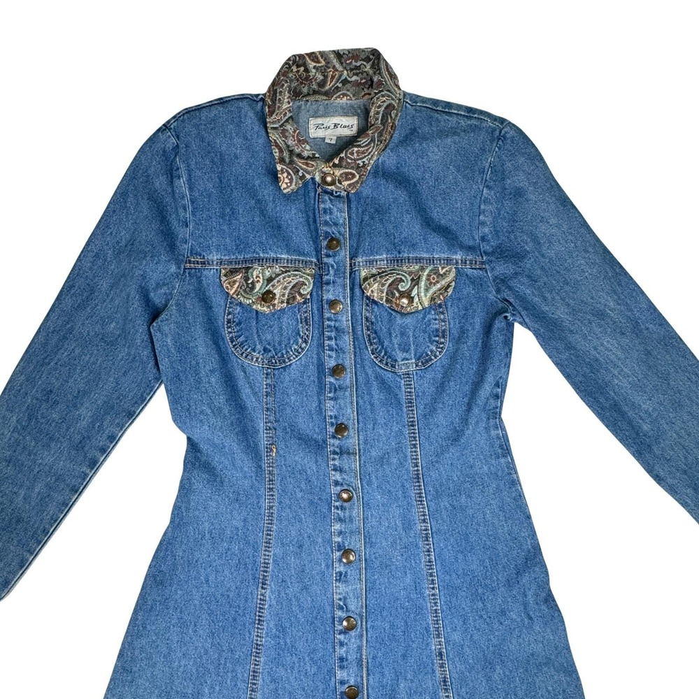 Vintage Paris Blues Denim‎ Maxi Dress Paisley Trim Western Button Front USA  7 - Picture 2 of 14